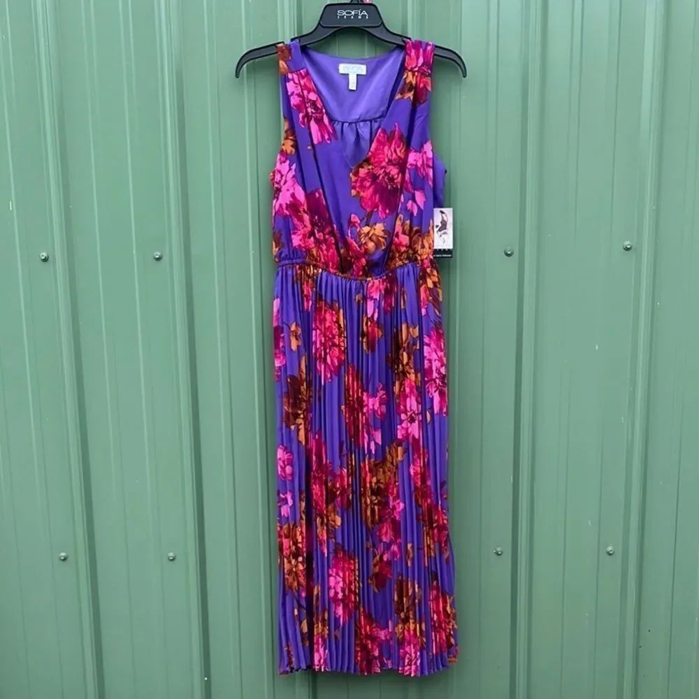 Sofia Vergara Sleeveless Pleated V-Neck Sheer Dress, Above Ankle Length, Size S